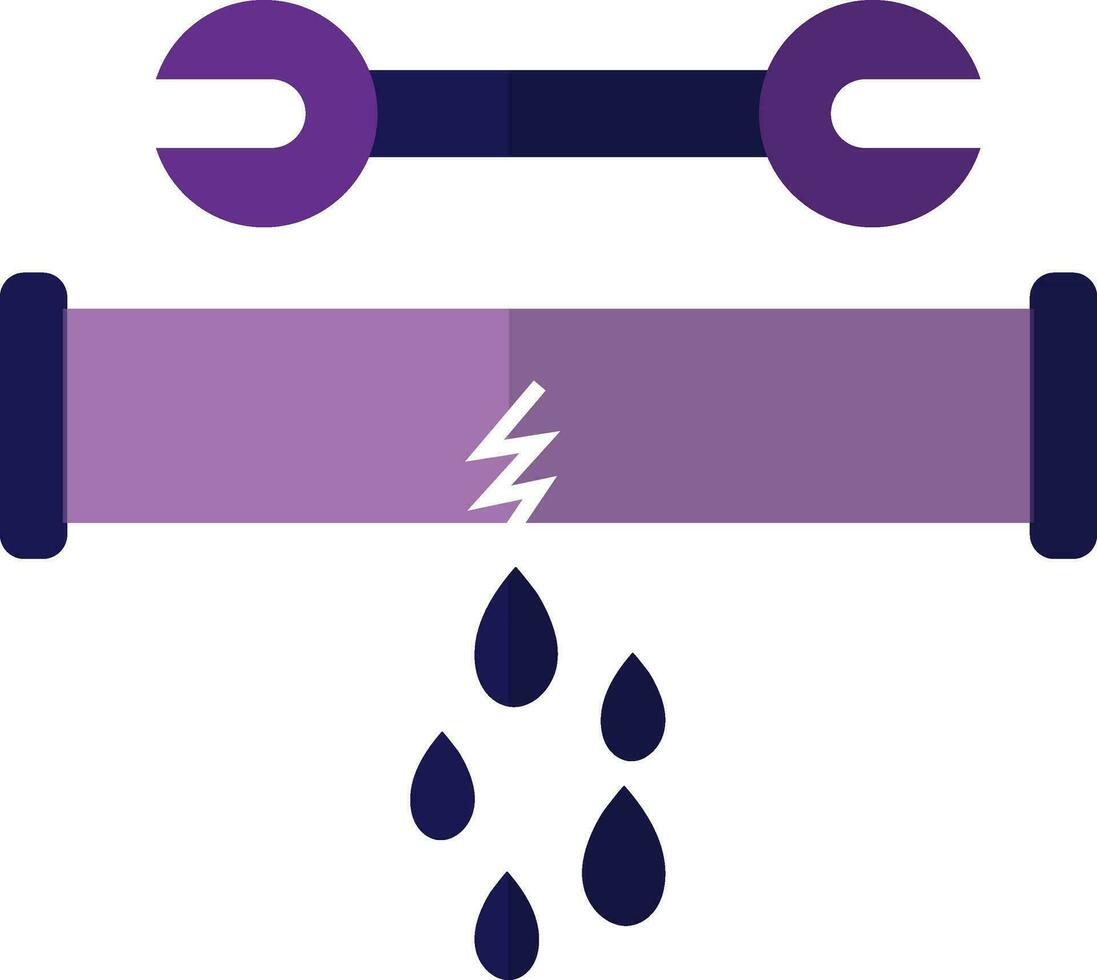 Purple broken pipe with wrench in flat style. vector