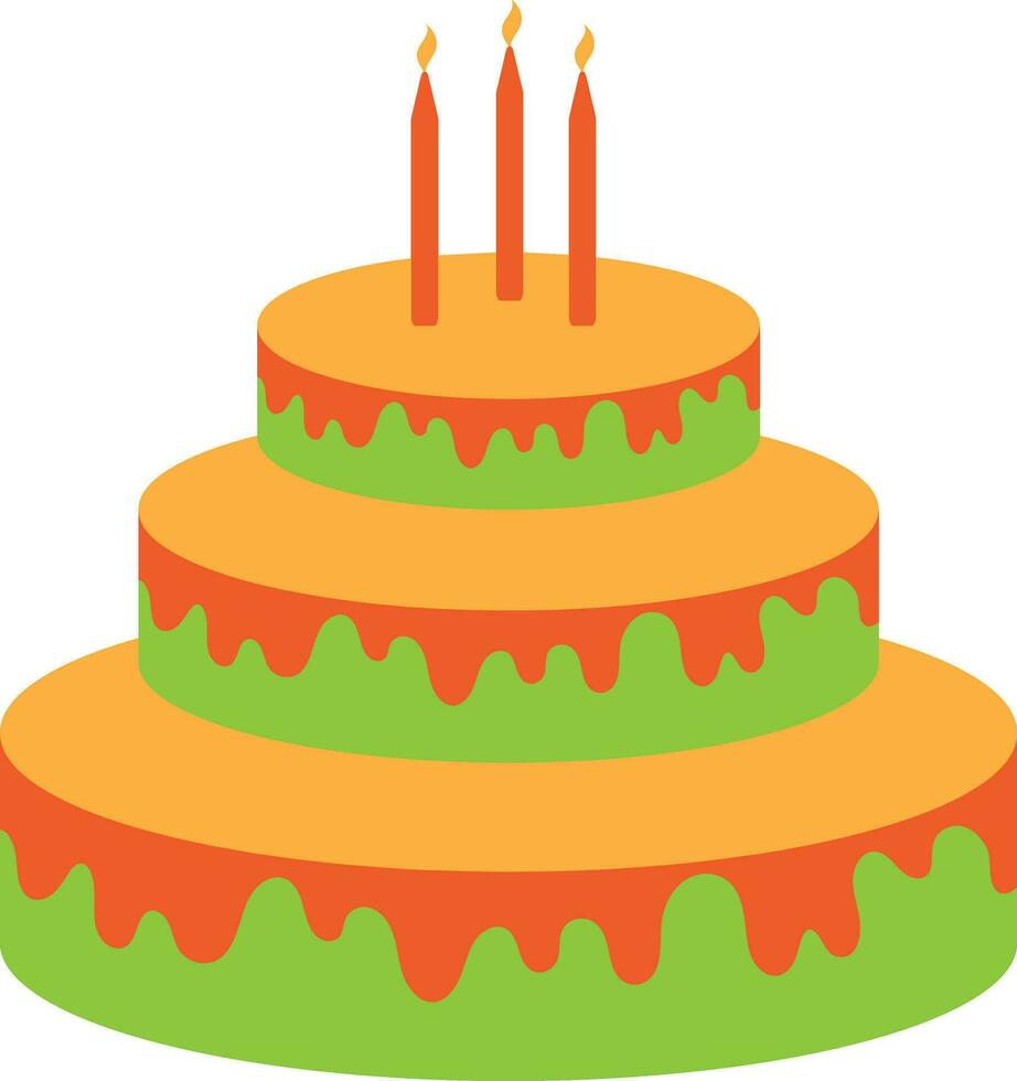 Burning candles decorated cake. vector