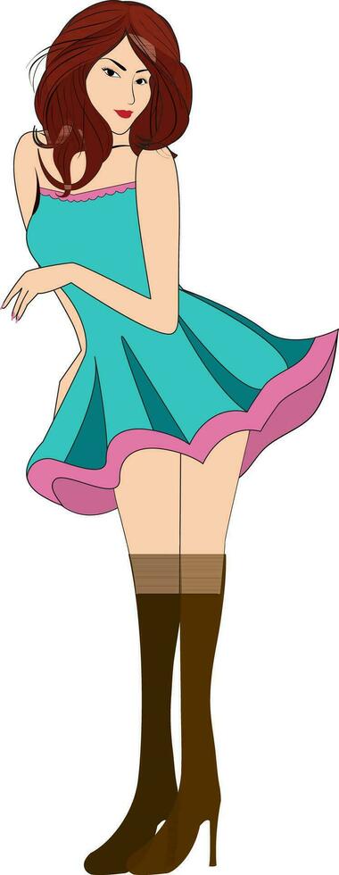 Character of a girl wearing short dress with long boot. vector