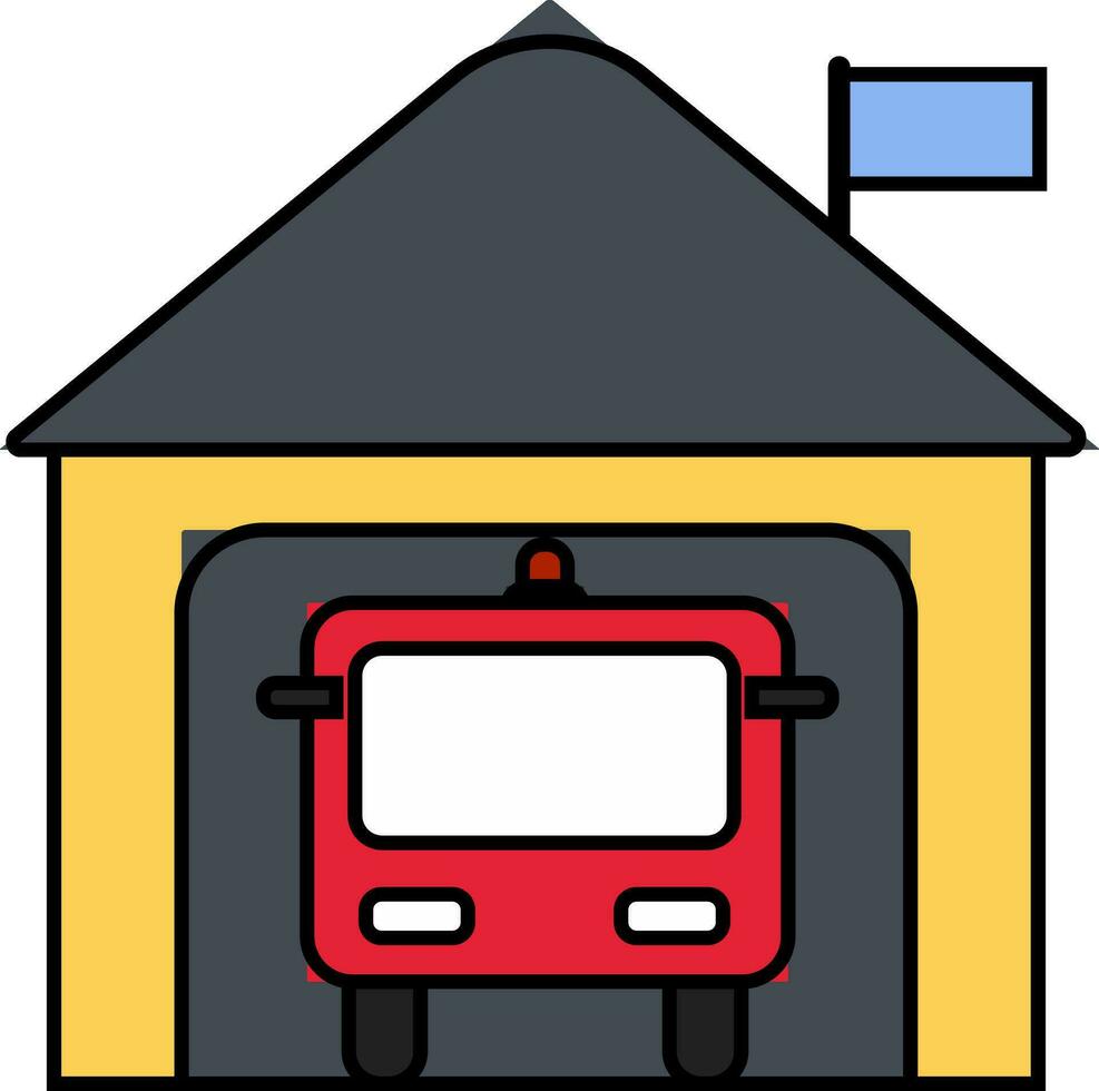 vistoso icono de fuego estación con camión en plano estilo. vector