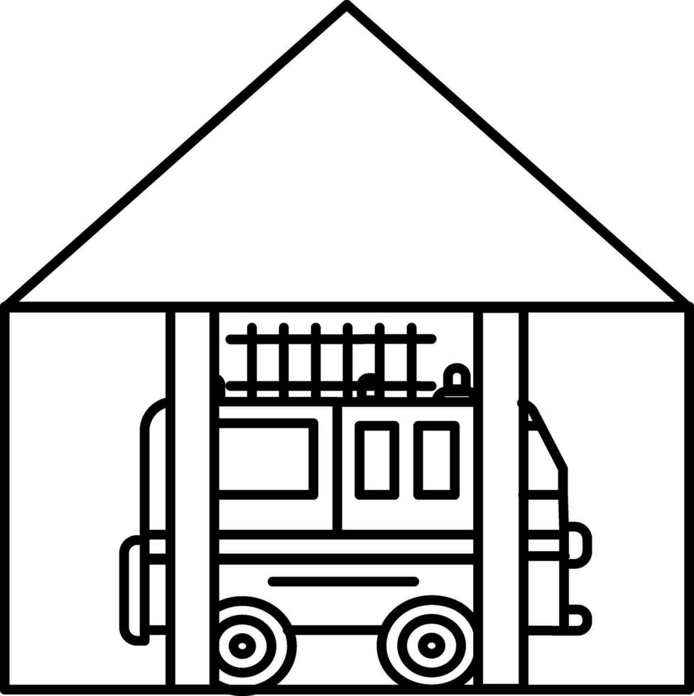 Icon of fire truck standing under the station. vector