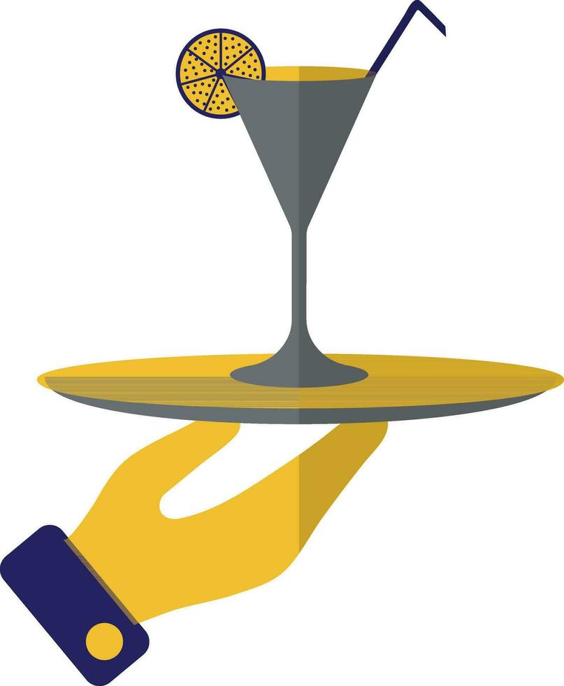 Hand holding plate in lemon slice decorated straw with cocktail glass. vector