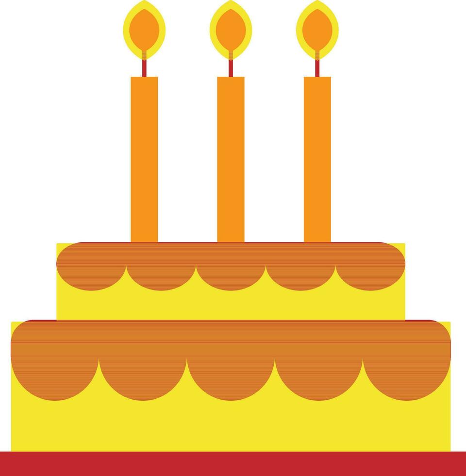 Red and yellow decorated cake with orange burning candles. vector