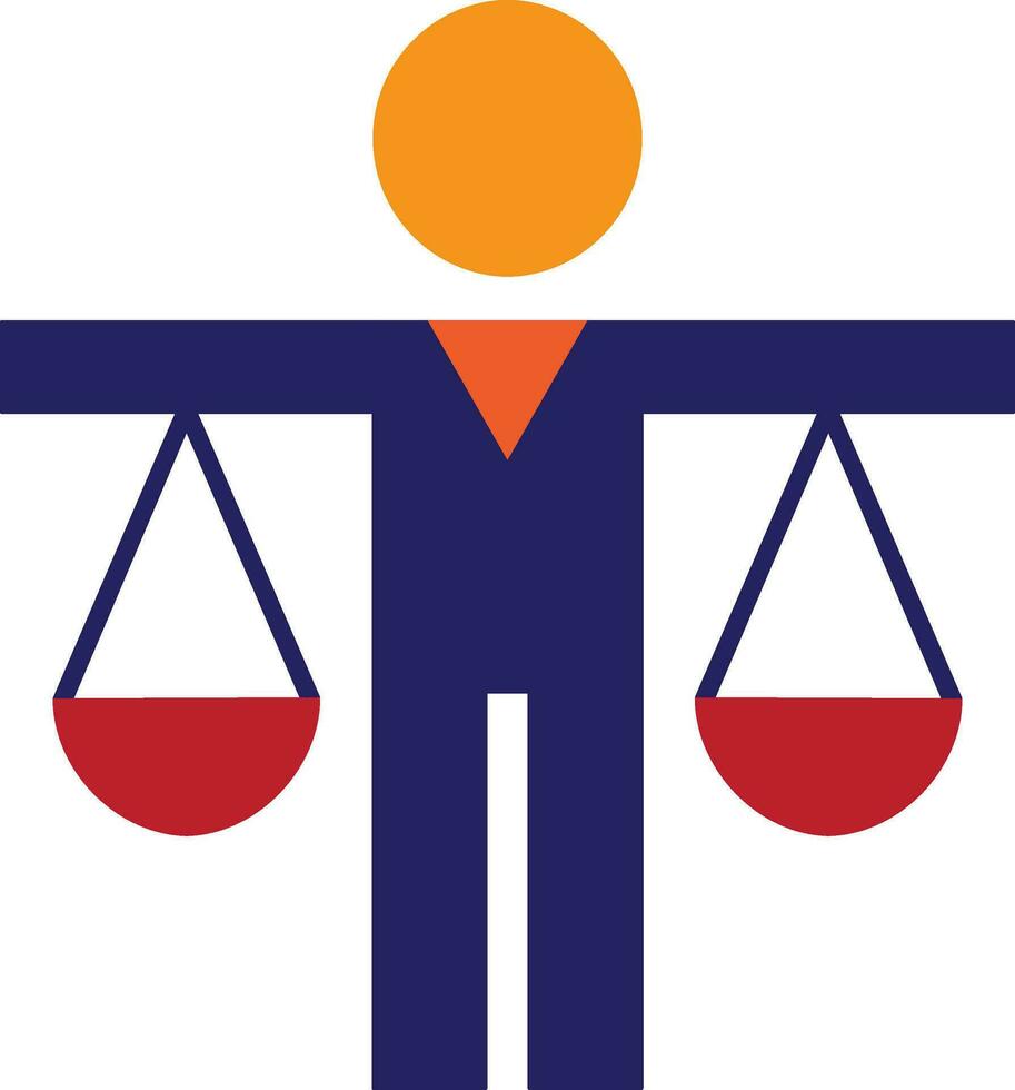 Character of man holding justice scale. vector