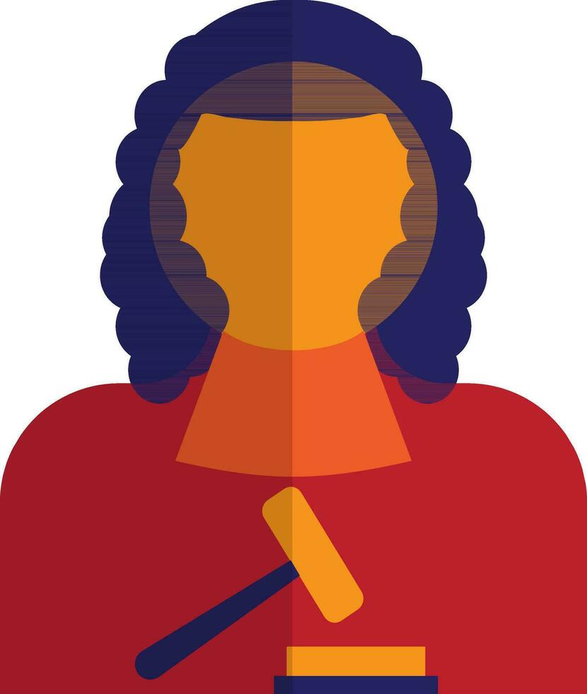 Character of female judge gavel in blue and orange color. vector