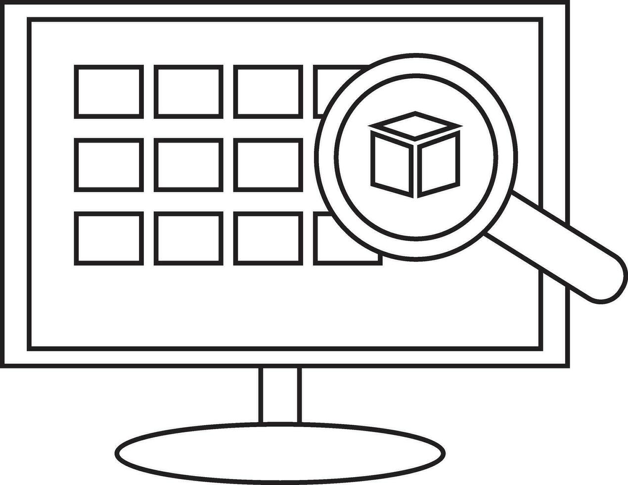 Black line art delivery boxes search in computer. vector