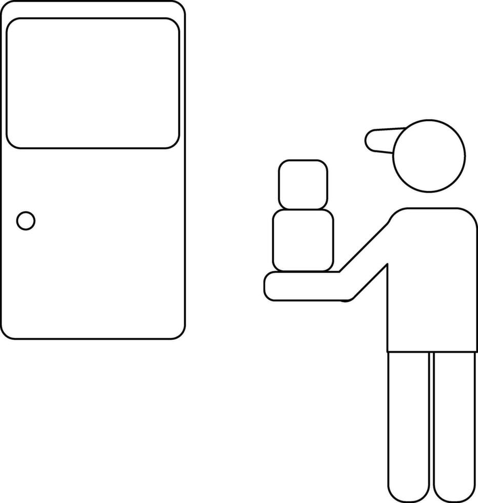 Black line art delivery boy holding boxes. vector