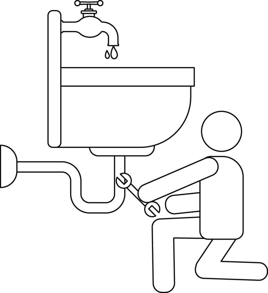 Character of black line art man holding wrench and falling water in sink. vector