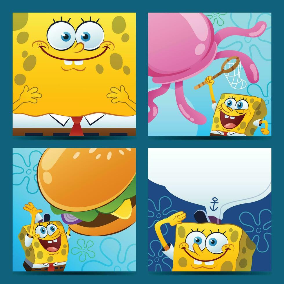 A Yellow Sponge Man Doing Various Activities Social Media Post vector