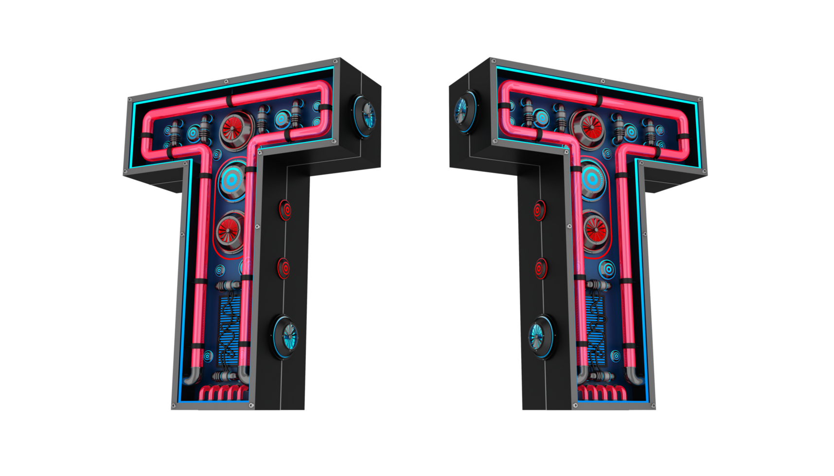 Black alphabet with Red and blue Neon light and has a cooling system. png