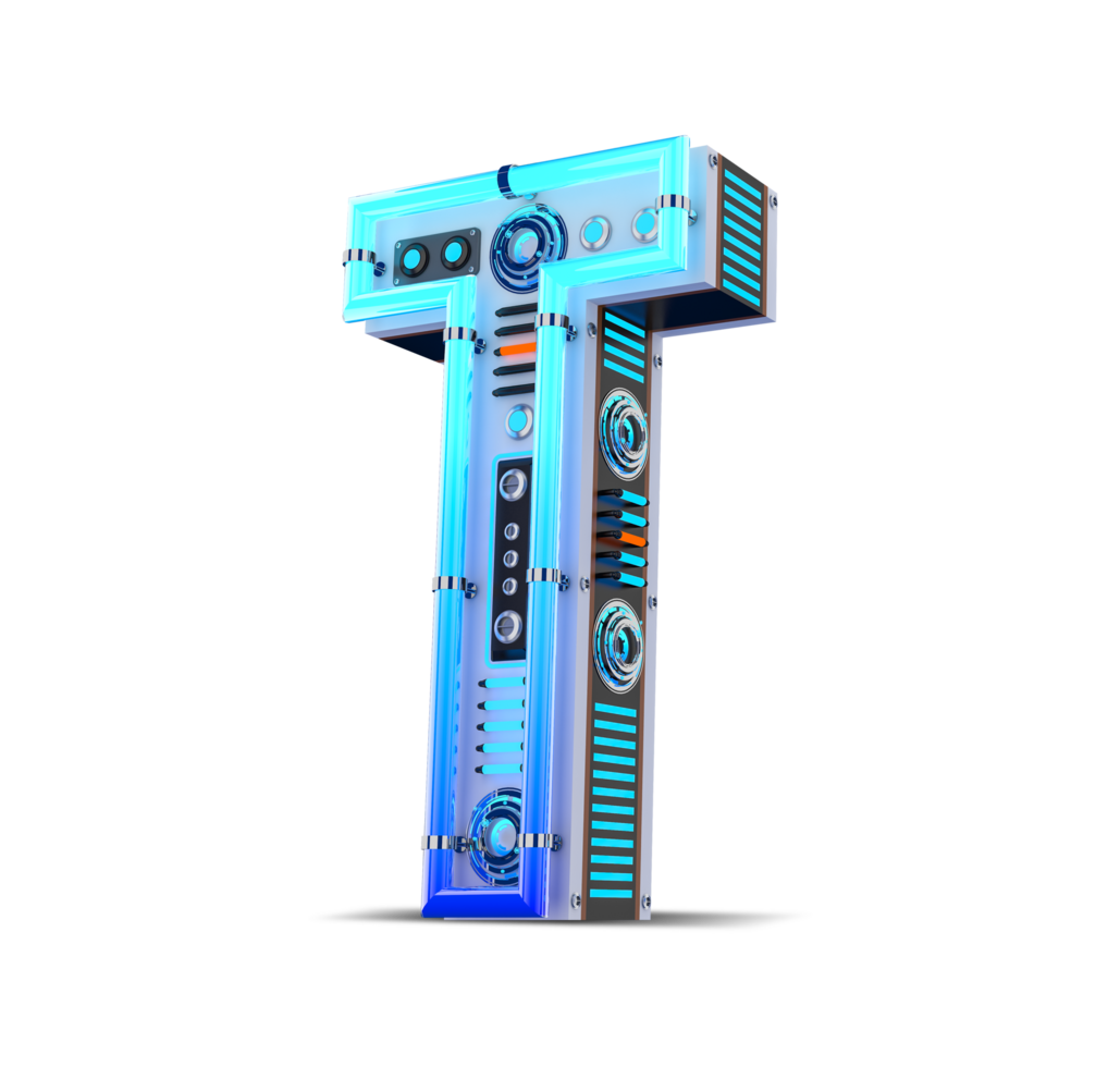 3D alphabet with blue neon and neon light effect. png