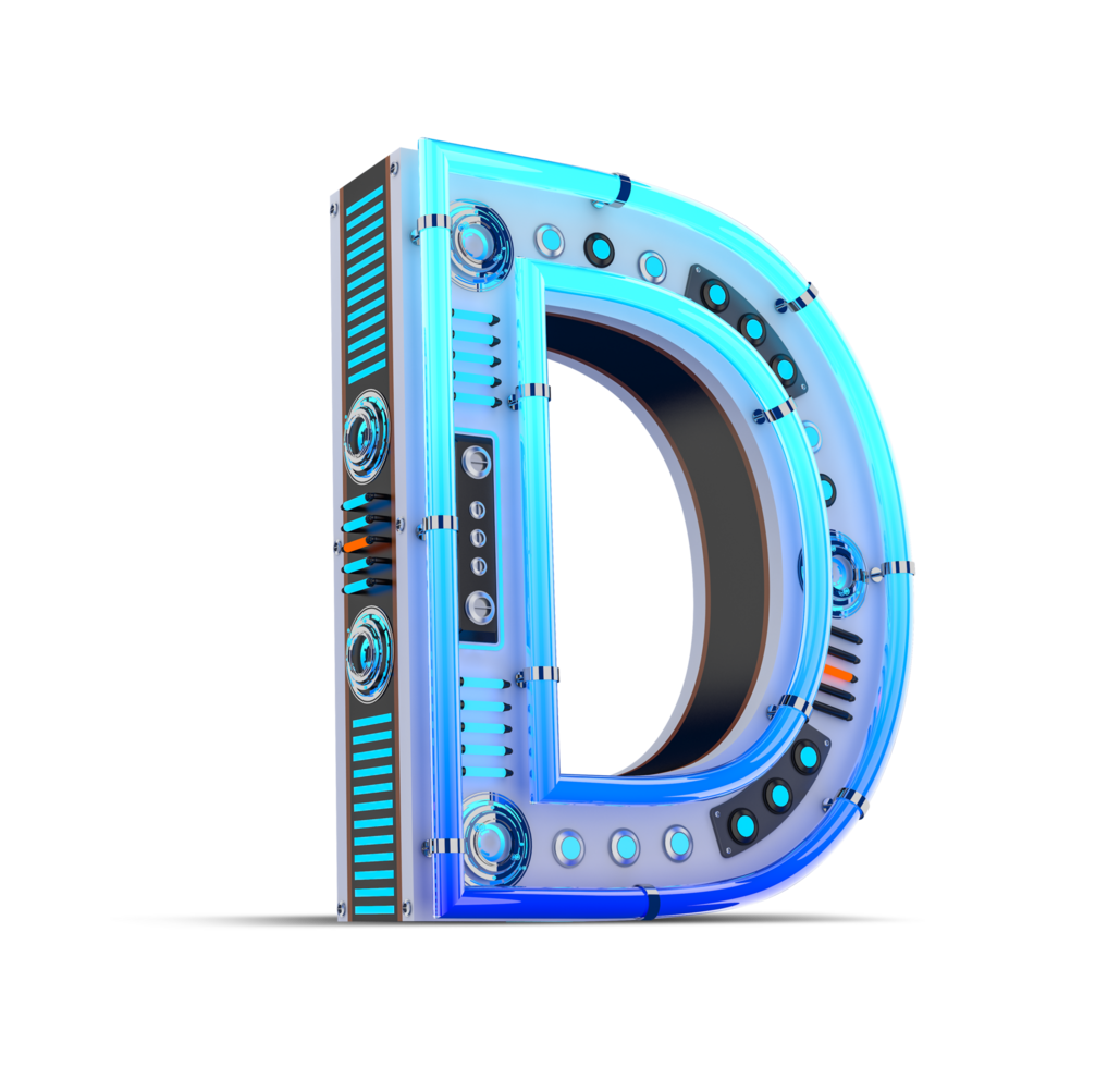 3d alphabet avec bleu néon et néon lumière effet. png