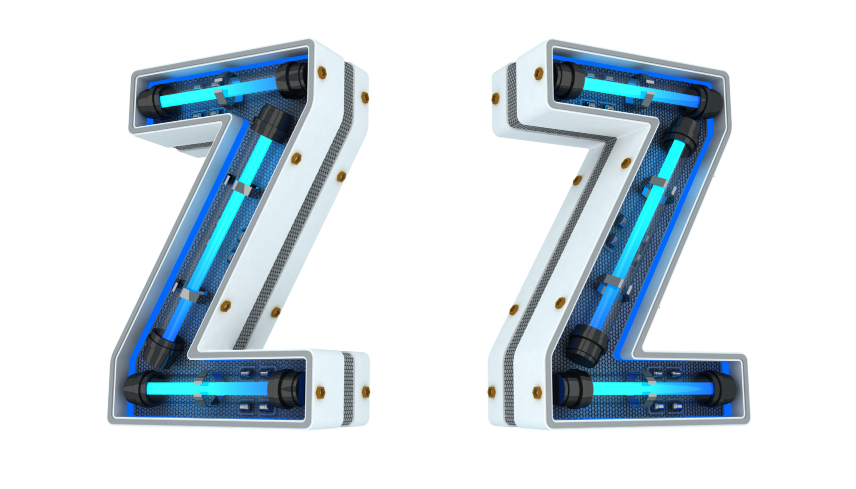 White alphabet with blue neon light 3d rendering png