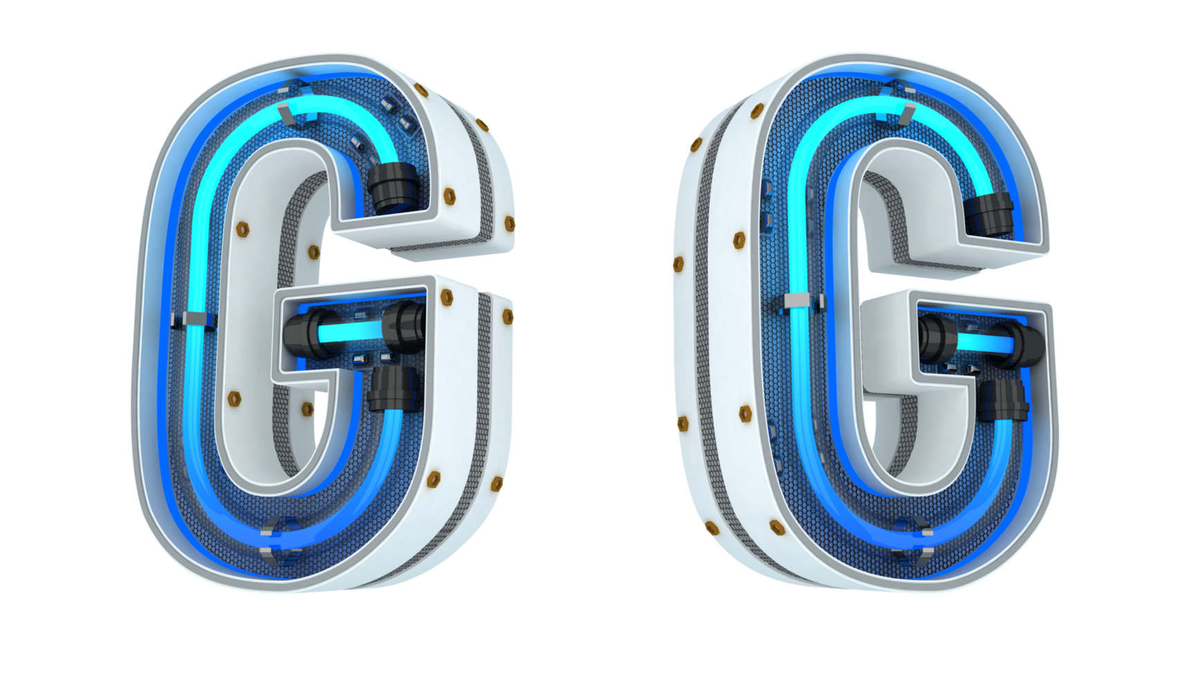 White alphabet with blue neon light 3d rendering png