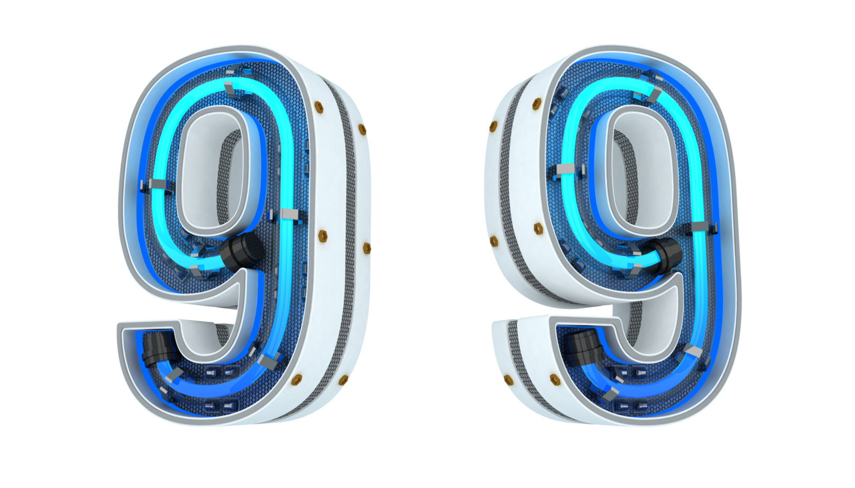 White number with blue neon light 3d rendering png