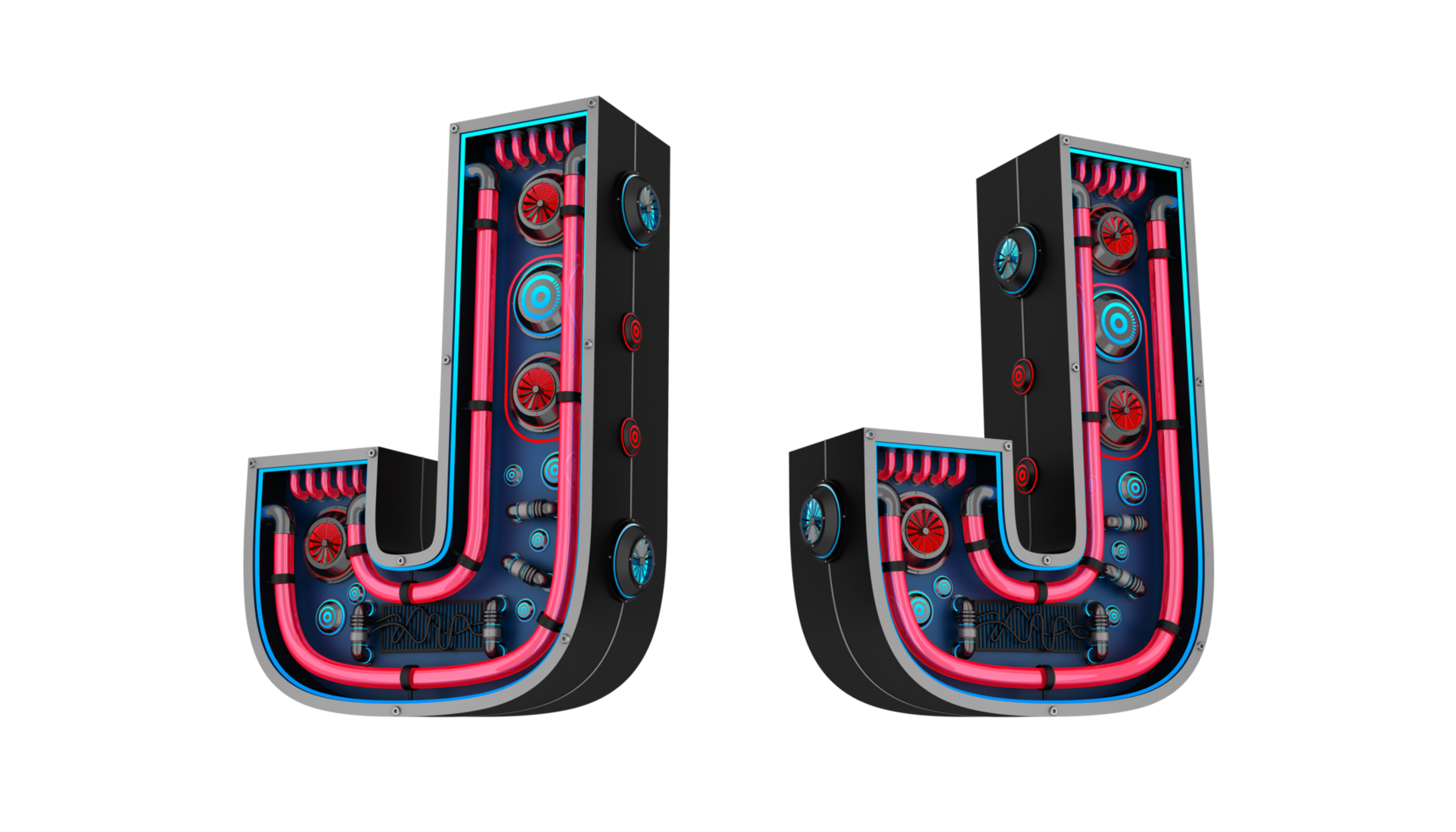 Black alphabet with Red and blue Neon light and has a cooling system. png