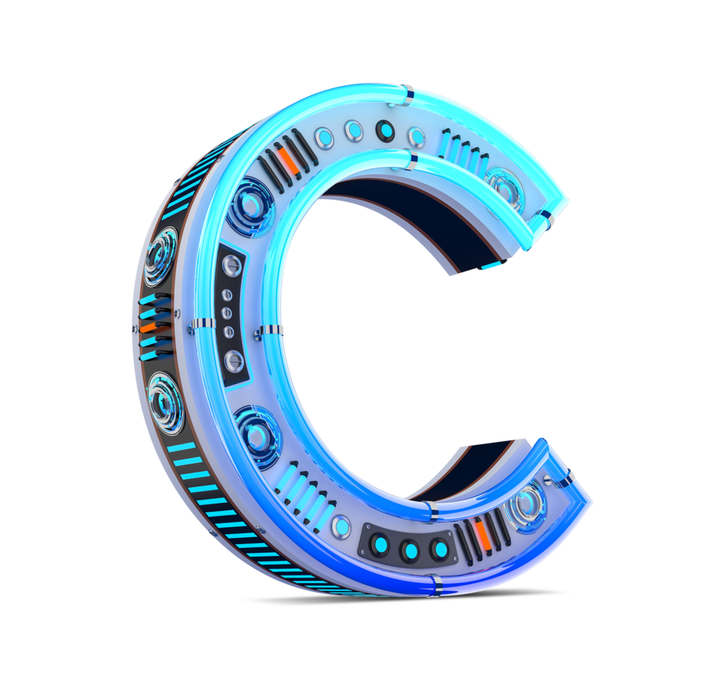 3D alphabet with blue neon and neon light effect. png
