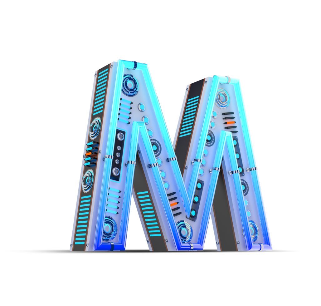 3D alphabet with blue neon and neon light effect. png
