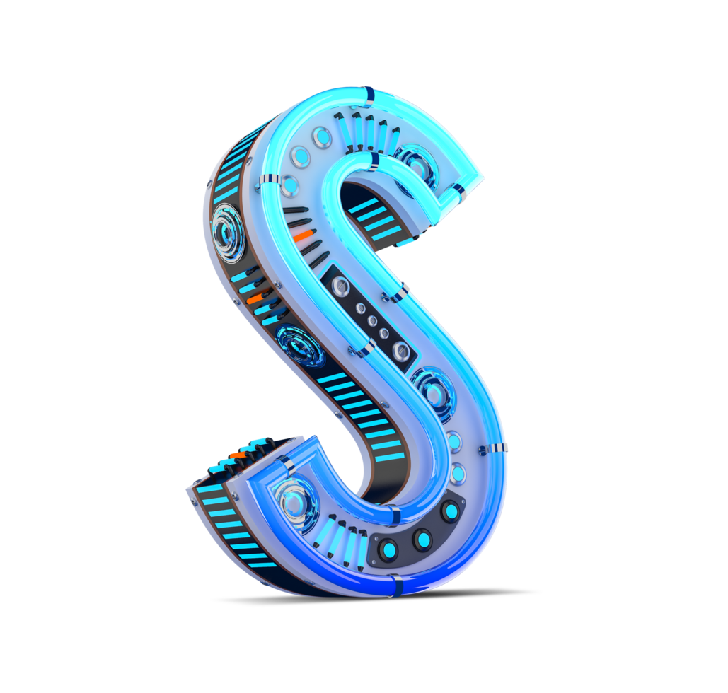 3D alphabet with blue neon and neon light effect. png