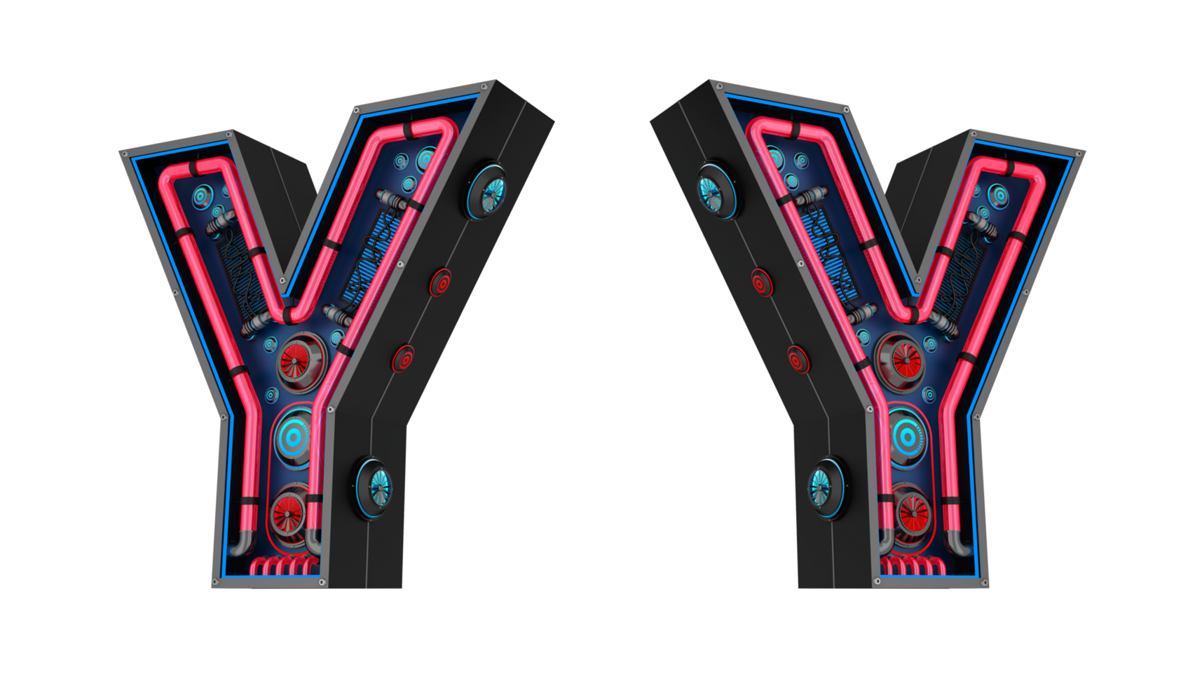 Black alphabet with Red and blue Neon light and has a cooling system. png