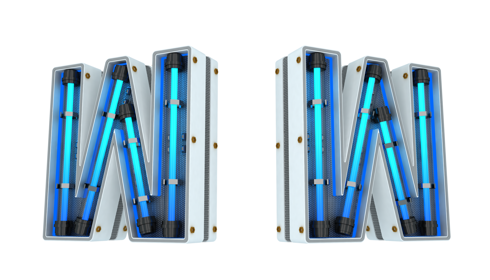 White alphabet with blue neon light 3d rendering png