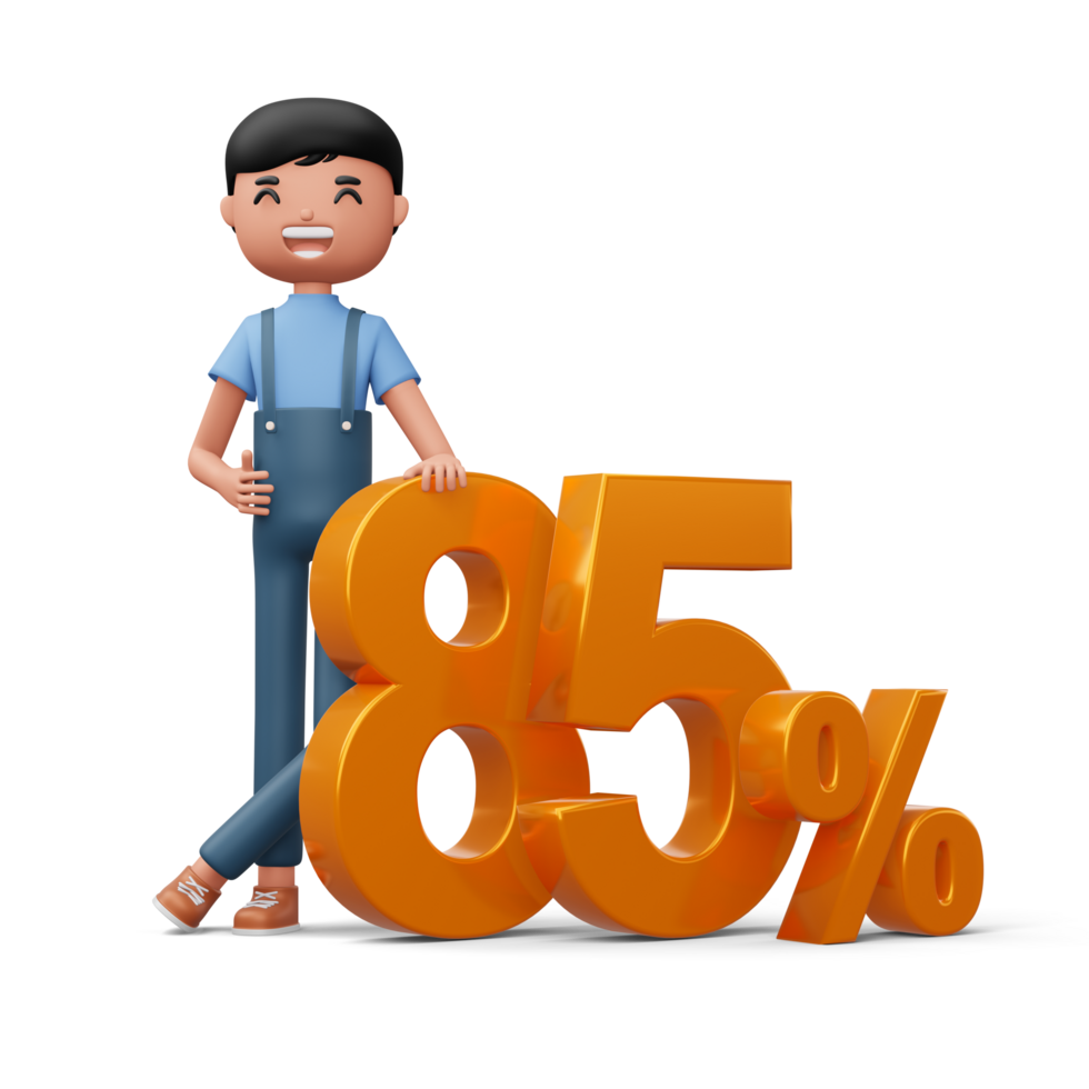 Happy man with golden number eighty five percent, 3d rendering png