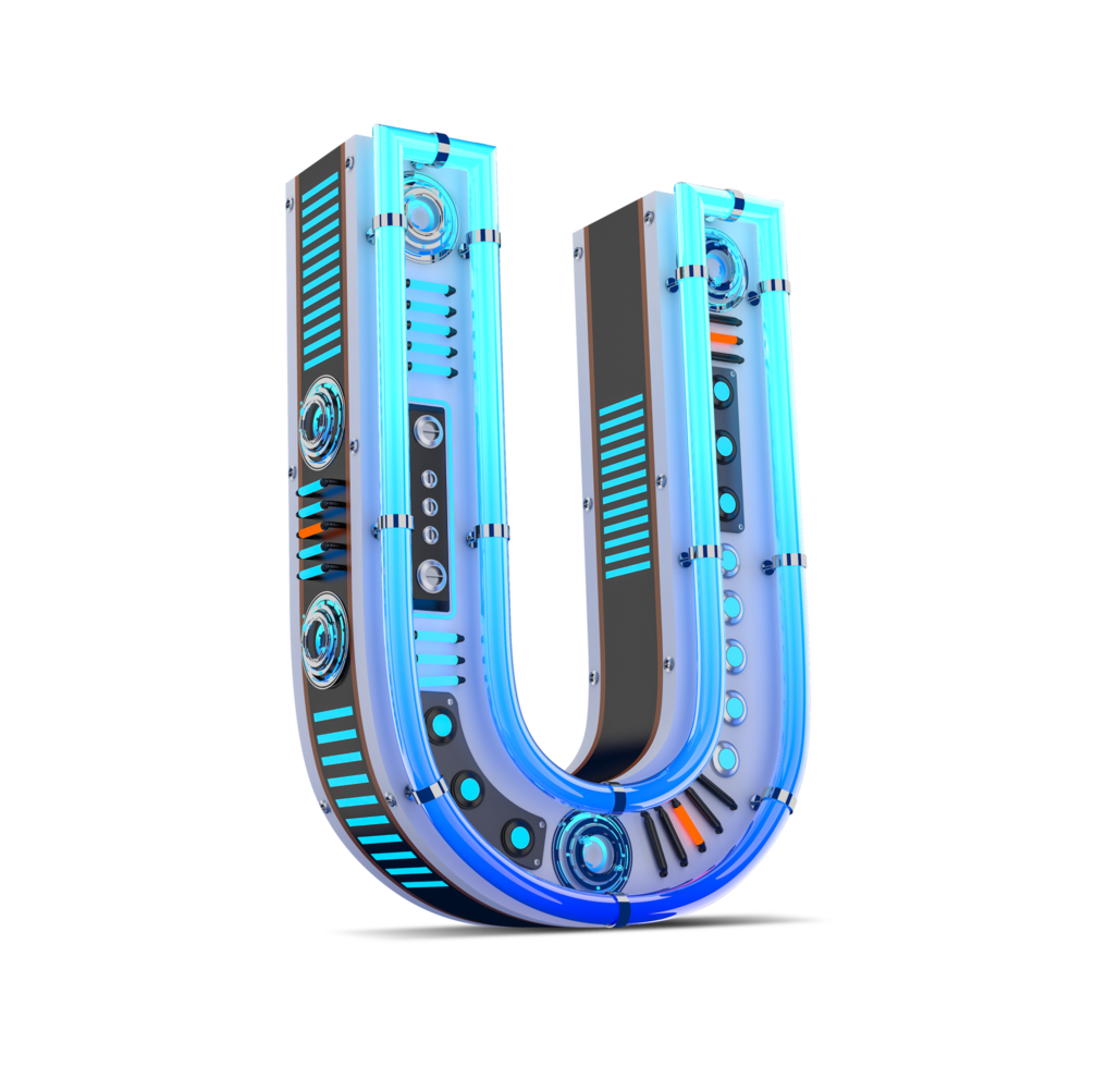 3D alphabet with blue neon and neon light effect. png