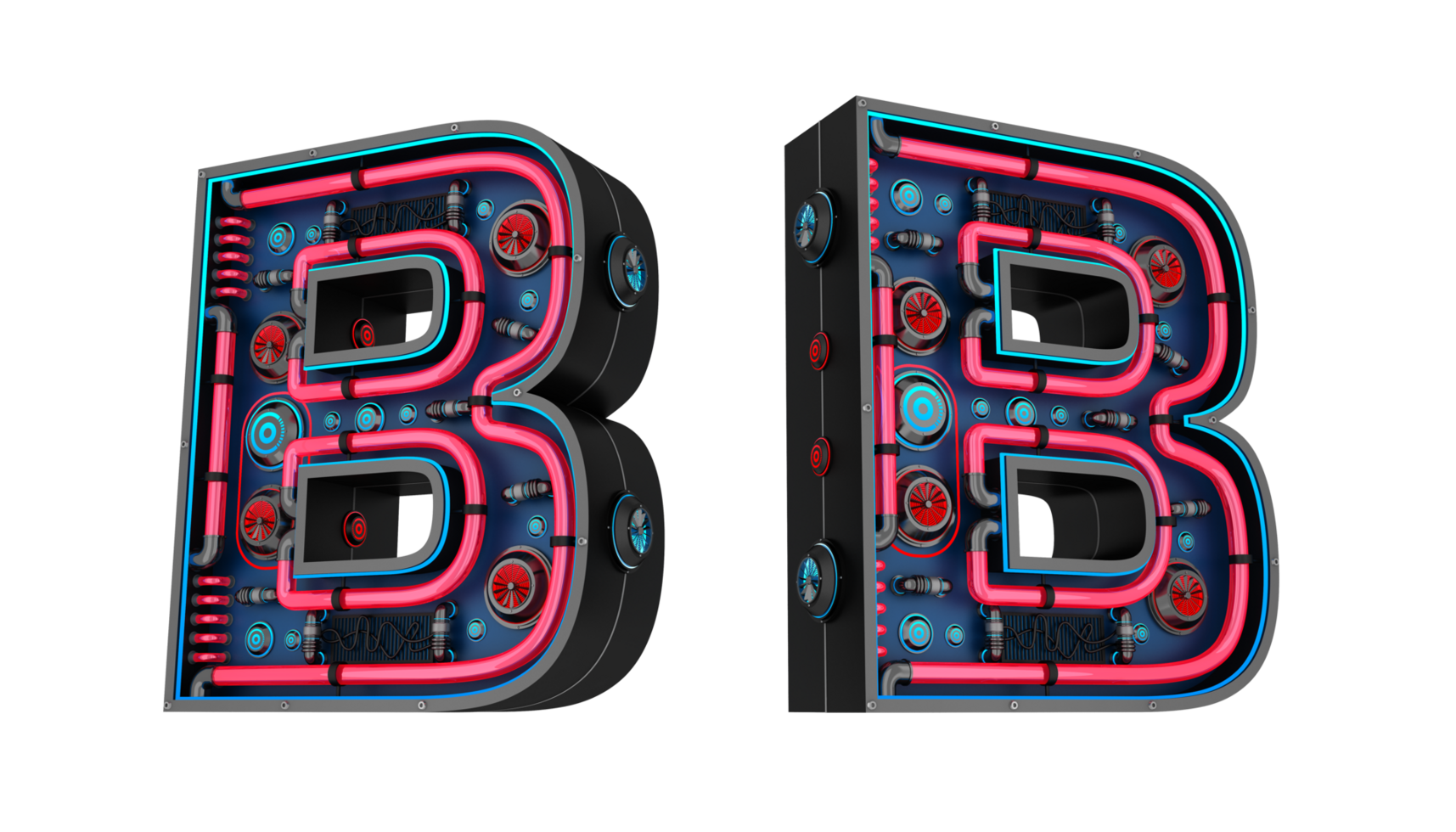 Black alphabet with Red and blue Neon light and has a cooling system. png