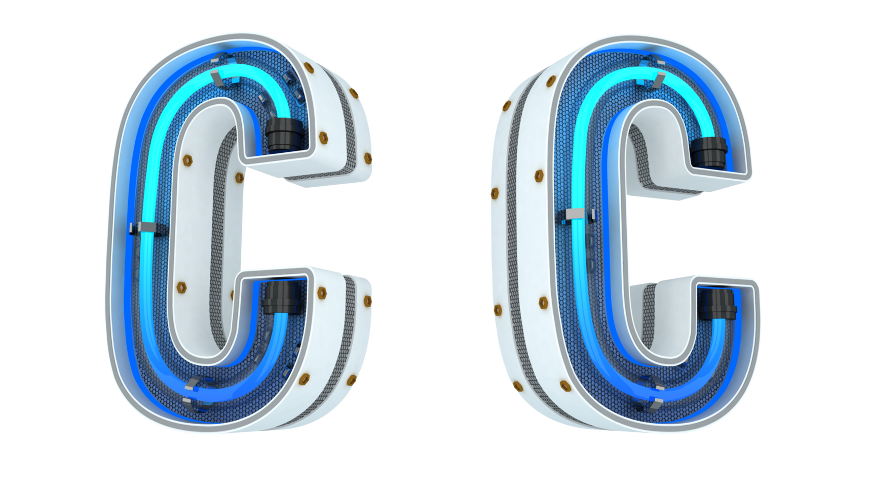 White alphabet with blue neon light 3d rendering png
