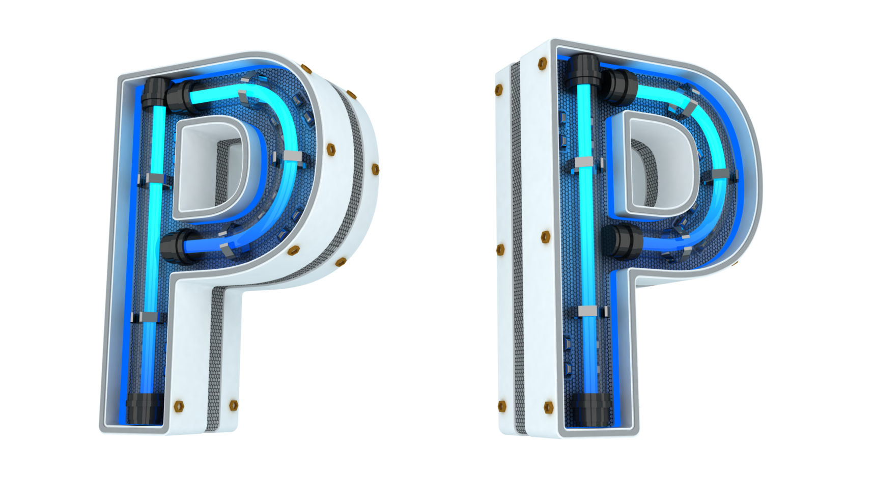 White alphabet with blue neon light 3d rendering png