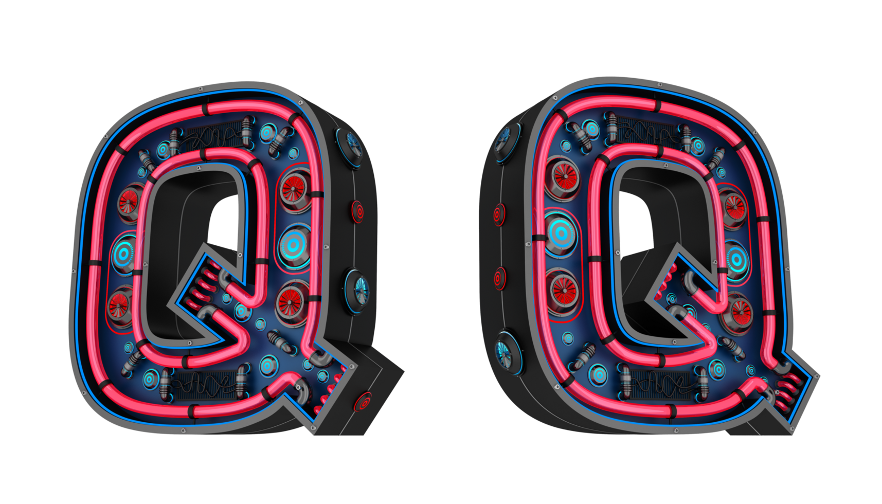 Black alphabet with Red and blue Neon light and has a cooling system. png