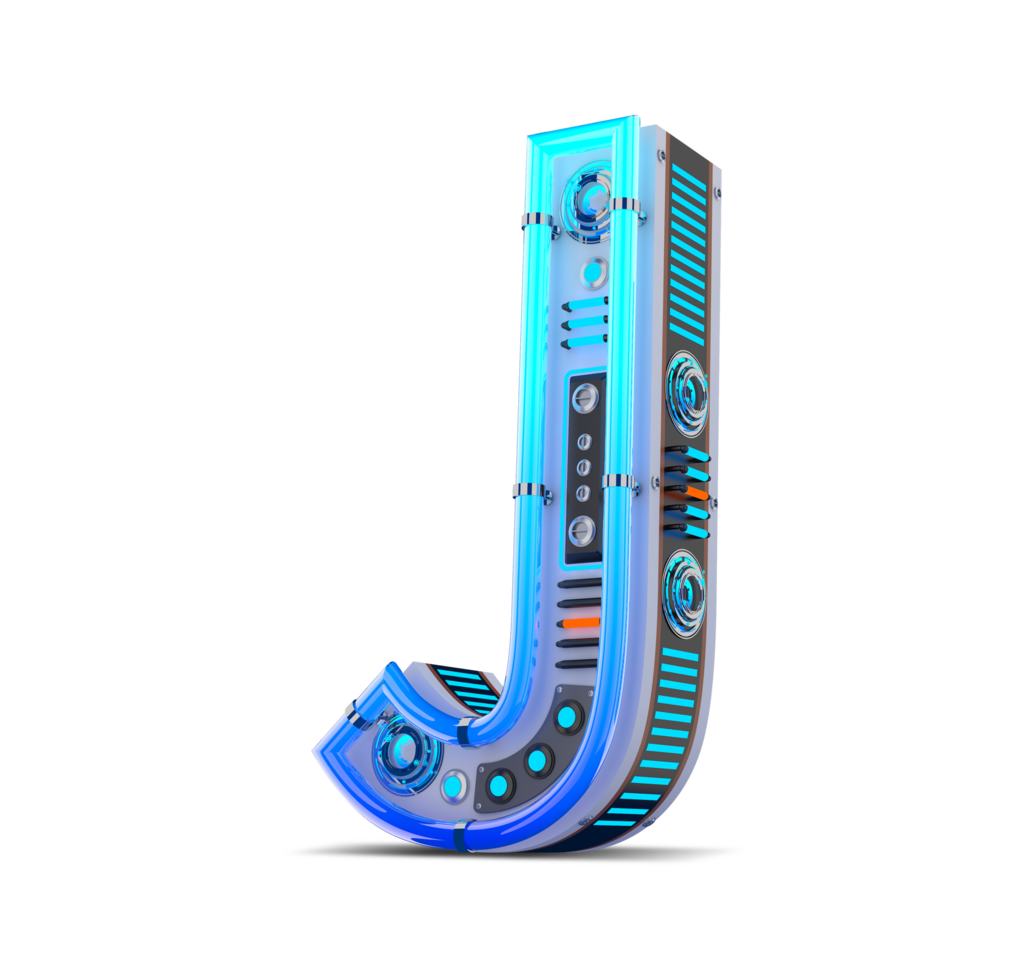 3D alphabet with blue neon and neon light effect. png