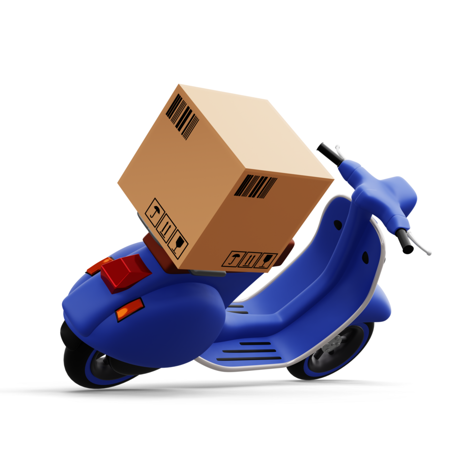 Motorrad mit Paket Kasten, Lieferung Kurier Service, 3d Rendern png