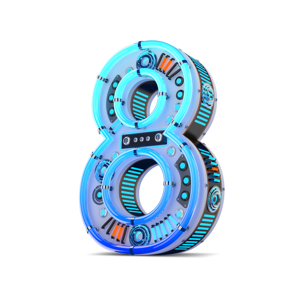 3D number with blue neon and neon light effect. png