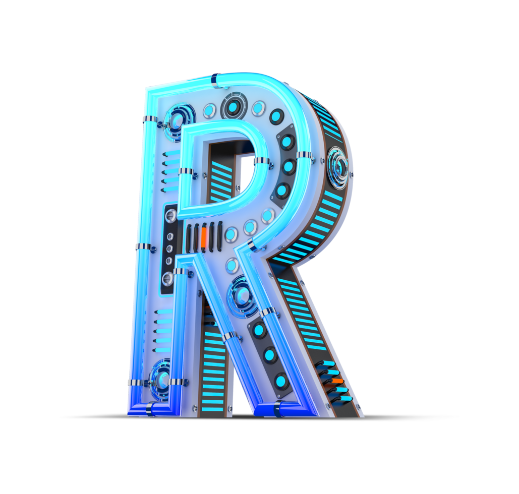 3D alphabet with blue neon and neon light effect. png
