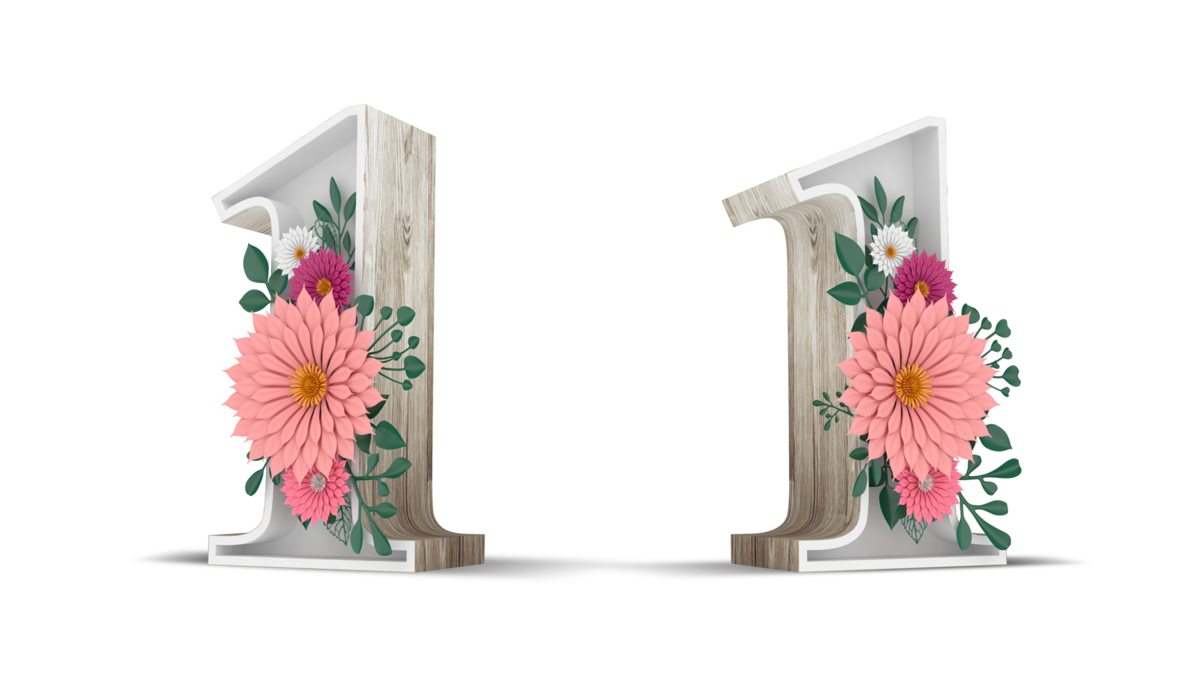 Wood number with colorful flower decoration. png