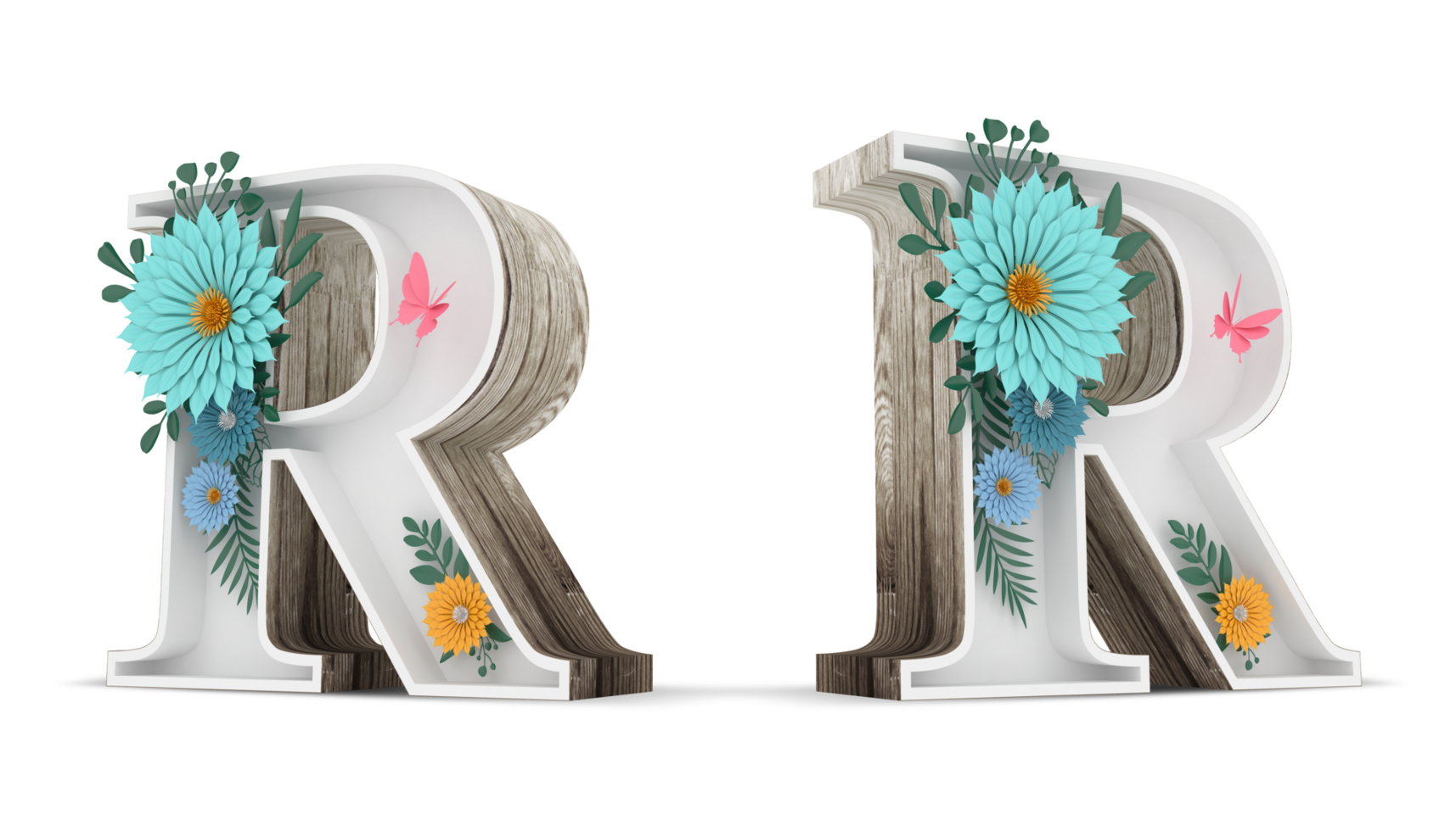 Wood alphabet with colorful flower decoration. png