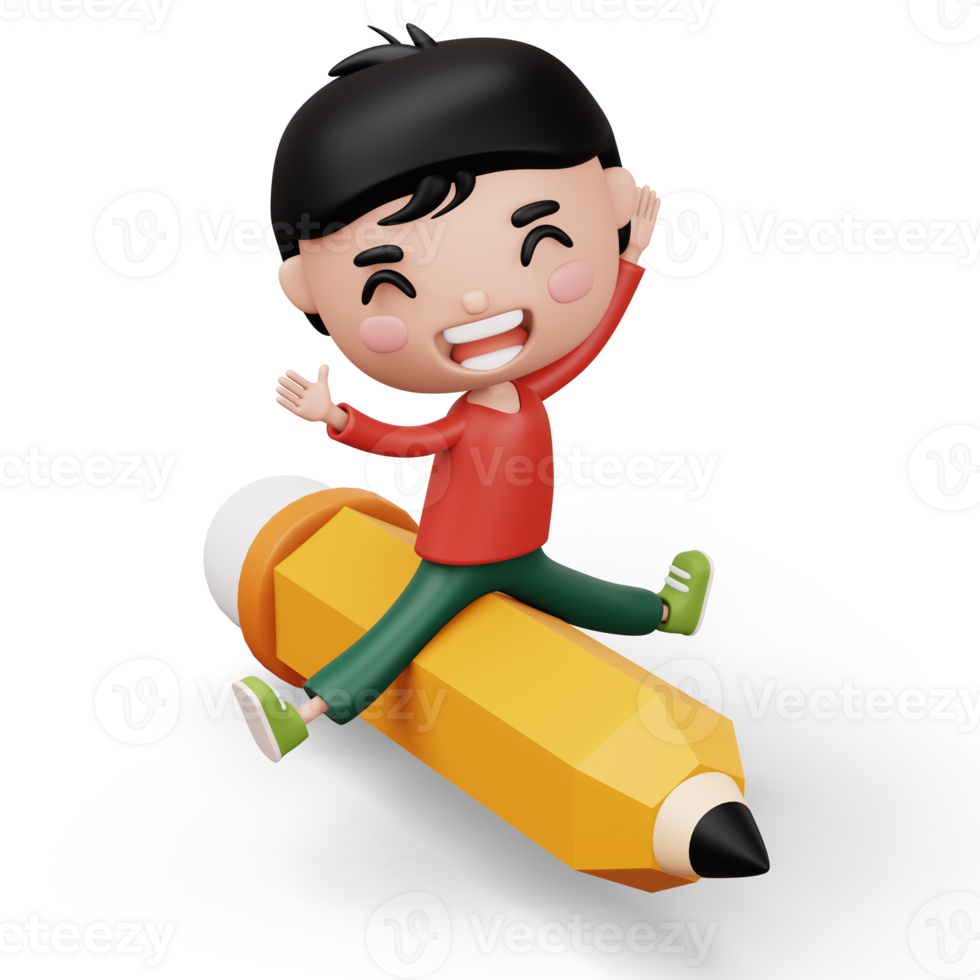 Happy child with pencil, cute boy cartoon character, 3d rendering png