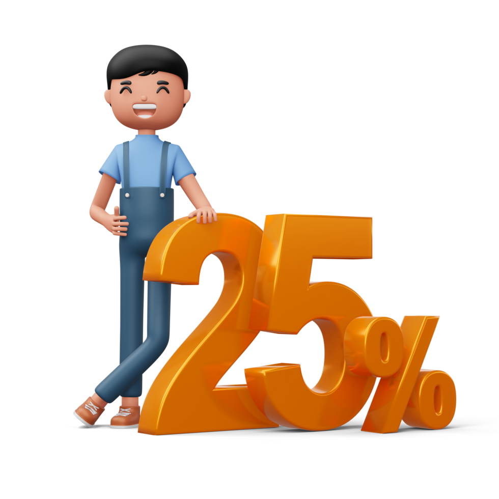 Happy man with golden number twenty five percent, 3d rendering png