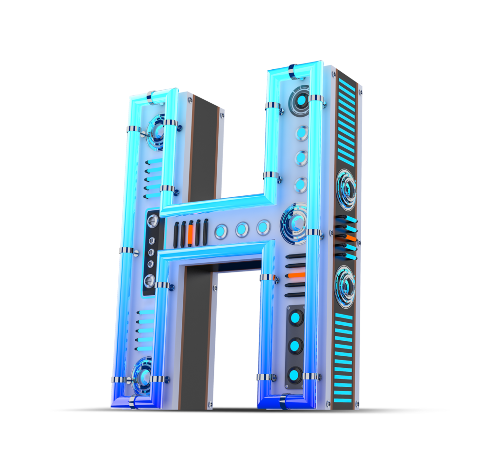 3D alphabet with blue neon and neon light effect. png