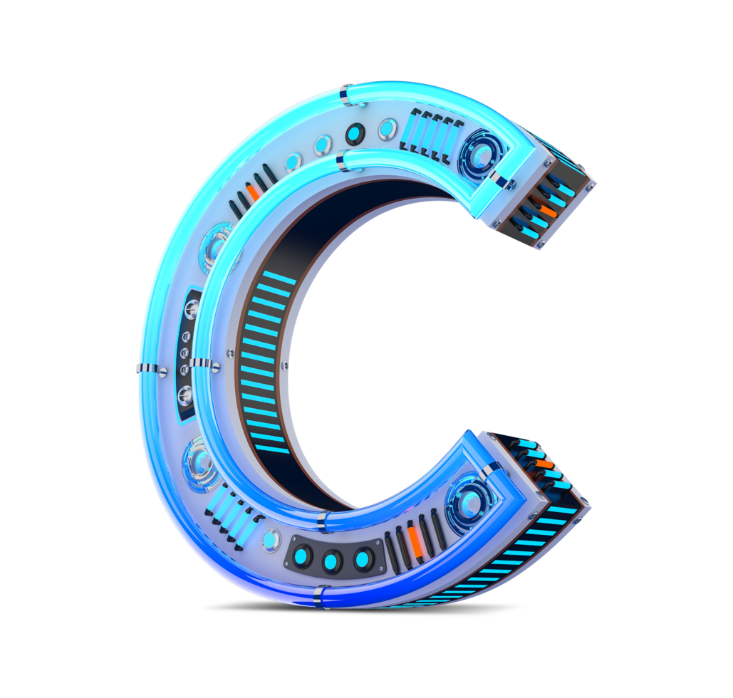 3D alphabet with blue neon and neon light effect. png