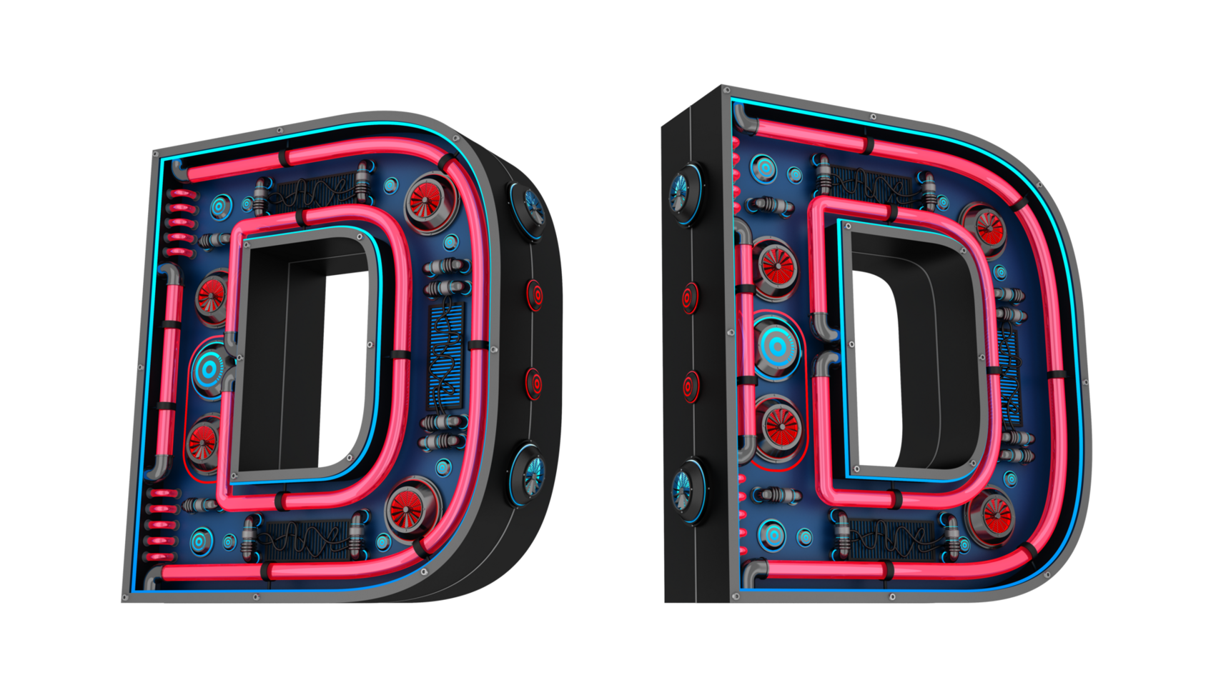 Black alphabet with Red and blue Neon light and has a cooling system. png
