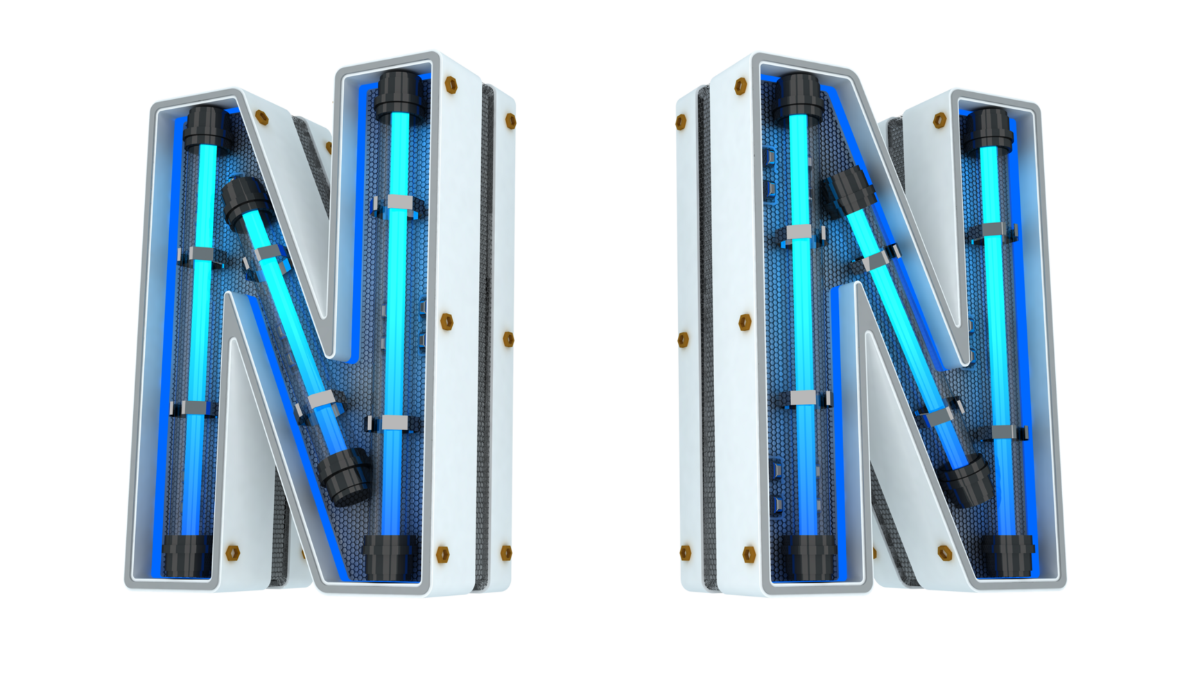 White alphabet with blue neon light 3d rendering png