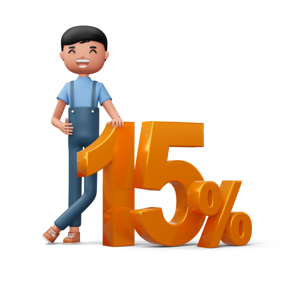 Happy man with golden number fifteen percent, 3d rendering png