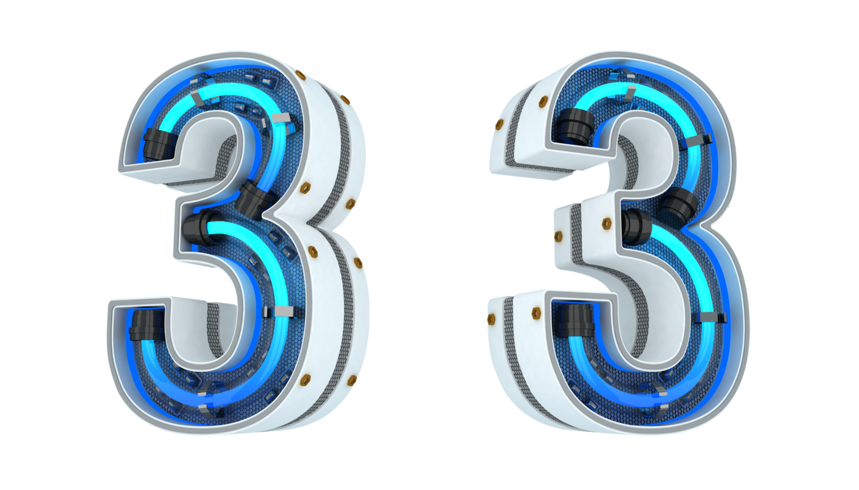 White number with blue neon light 3d rendering png