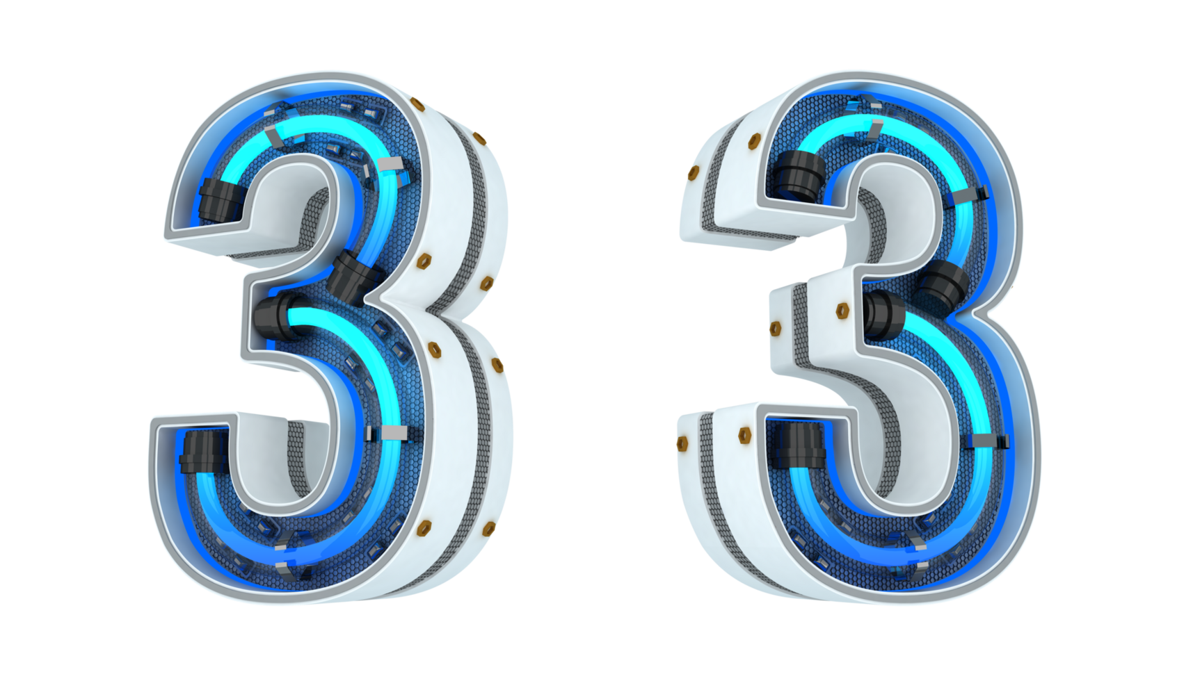 White number with blue neon light 3d rendering png