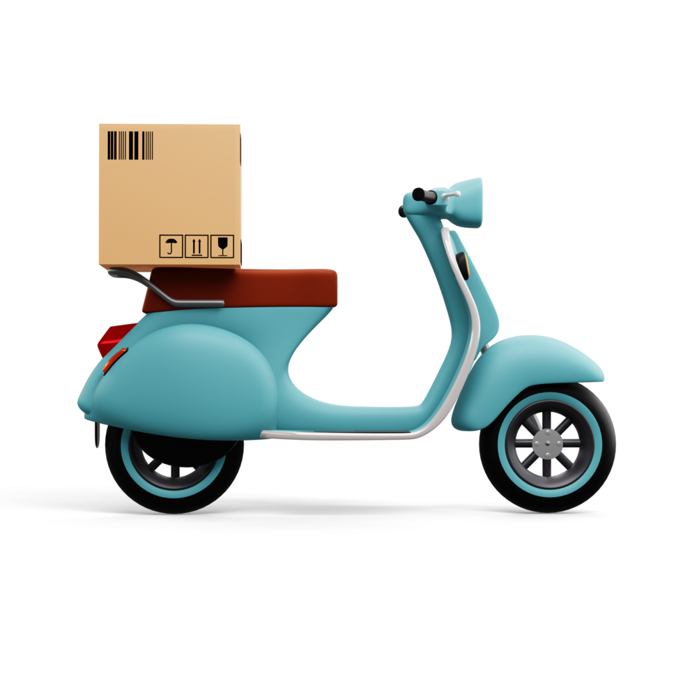 motorcykel med paket låda, leverans kurir service, 3d tolkning png