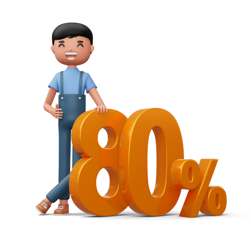 Happy man with golden number eighty percent, 3d rendering png