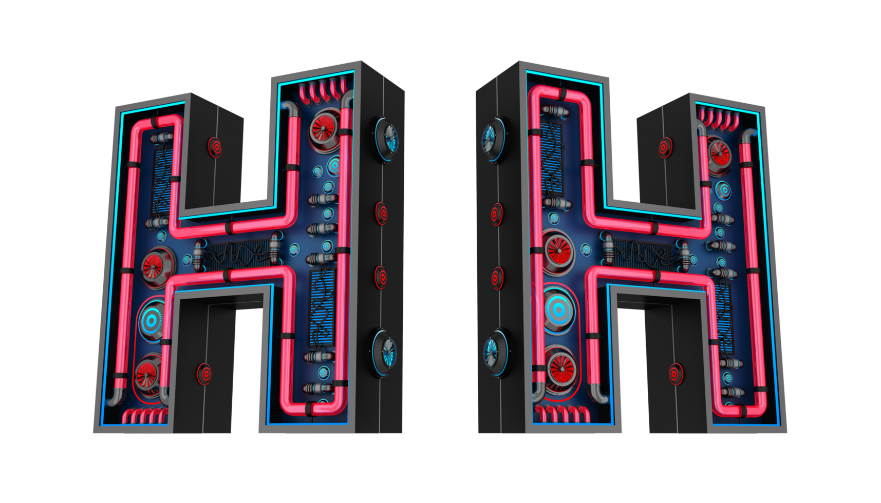 Black alphabet with Red and blue Neon light and has a cooling system. png