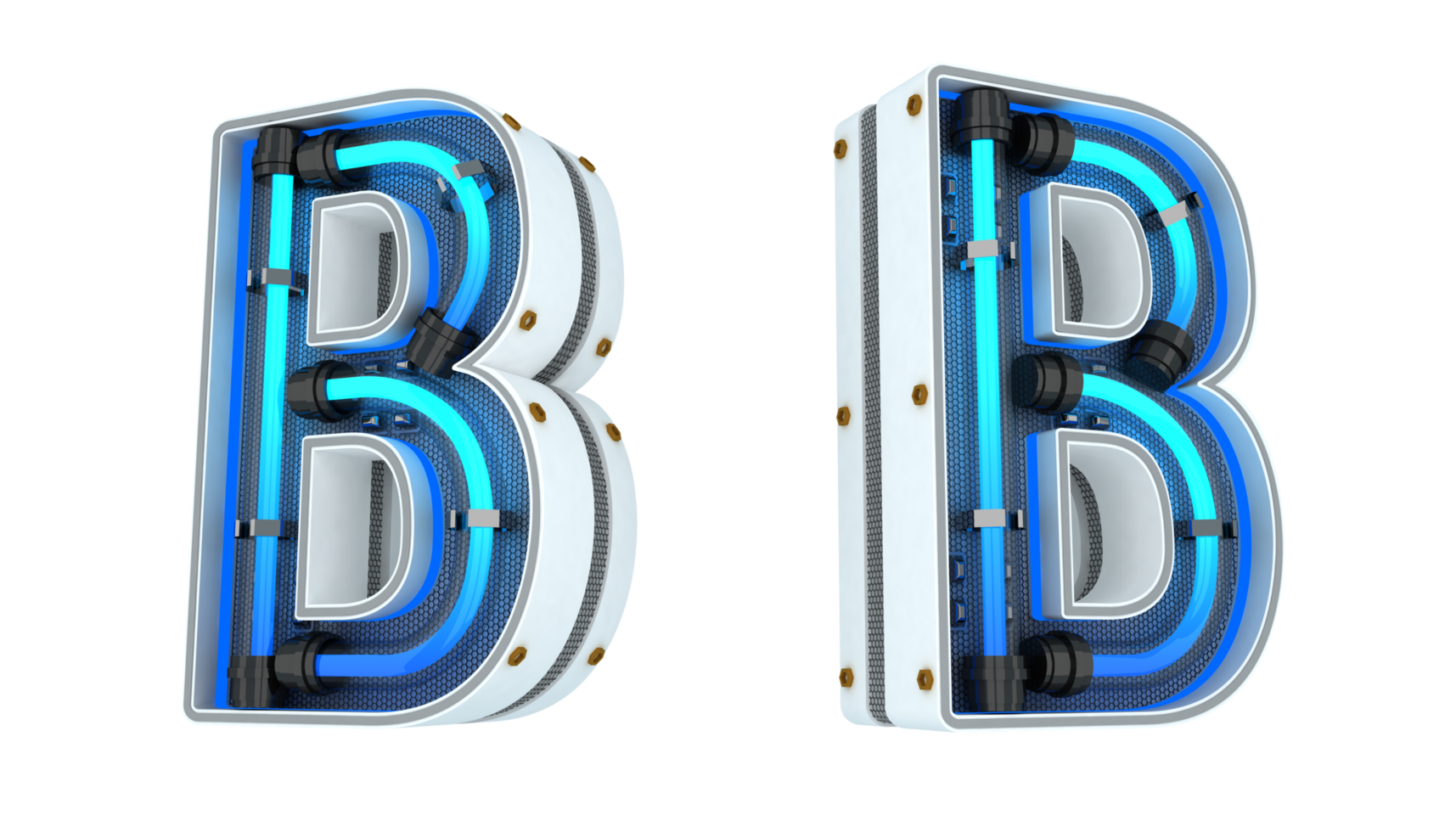 White alphabet with blue neon light 3d rendering png